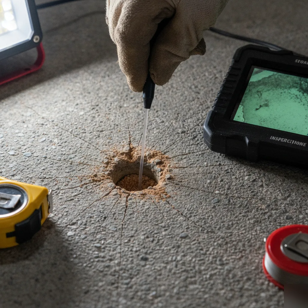 Technician running a borescope probe through a concrete slab during a sinkhole assessment in Azalea Park, FL