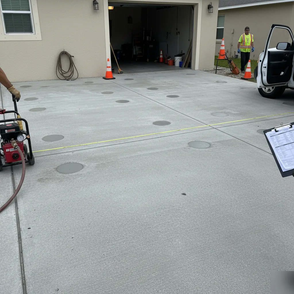 Completed and patched concrete slab after permitted sinkhole remediation in Azalea Park, FL