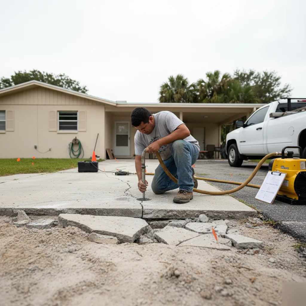 Grout injection during sinkhole remediation beneath a cracked slab in Azalea Park, FL