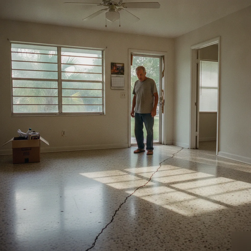 Cracked terrazzo flooring signaling early sinkhole warning signs inside an Azalea Park, FL home