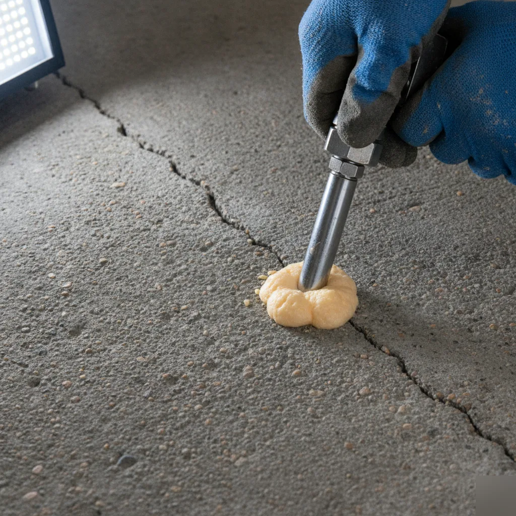 Polyurethane foam being injected to lift a cracked, sunken concrete slab in Azalea Park, FL