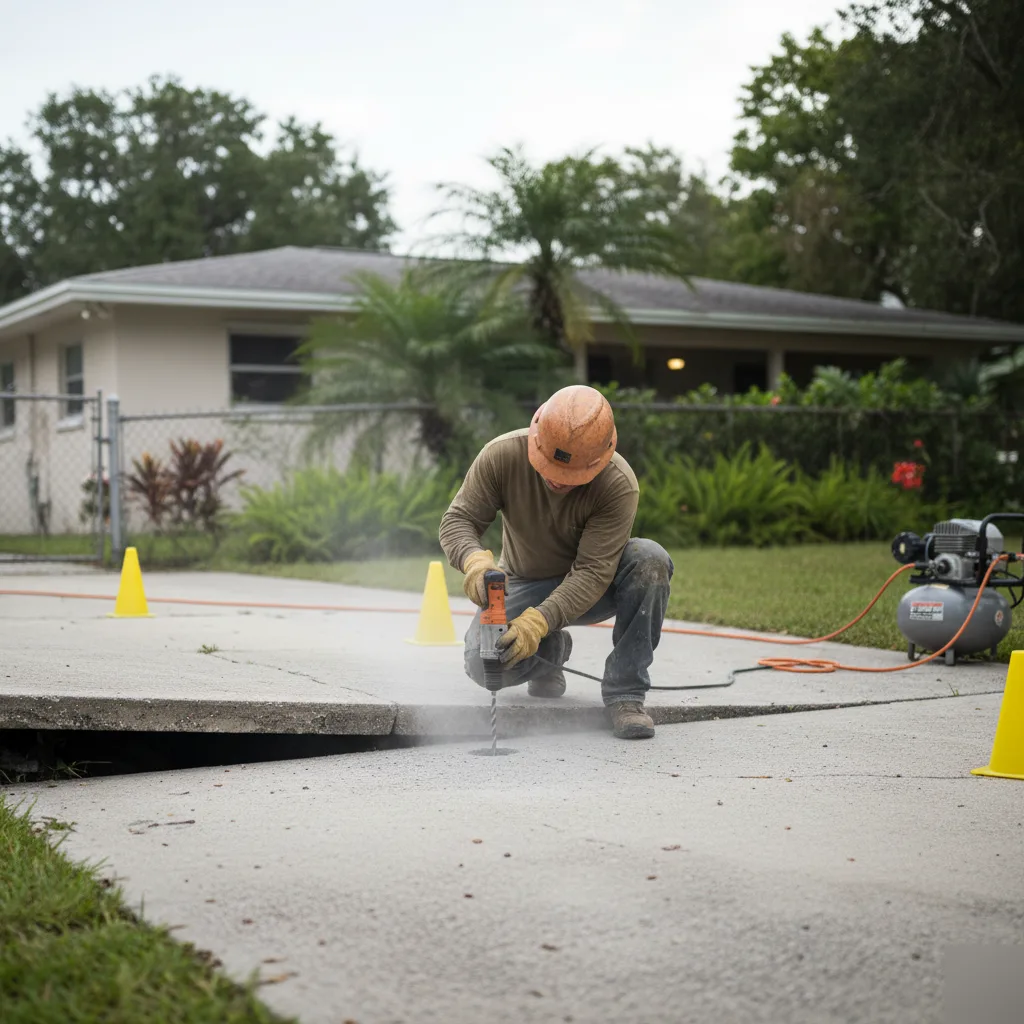 Drilling injection ports to lift and level a sunken driveway slab in Azalea Park, FL