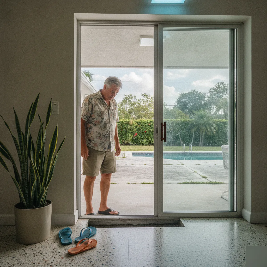 A sunken slab creating a trip hazard at a sliding door threshold in an Azalea Park, FL home