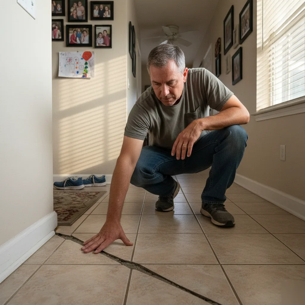 A homeowner examining a cracked tile floor caused by foundation settlement in Azalea Park, FL