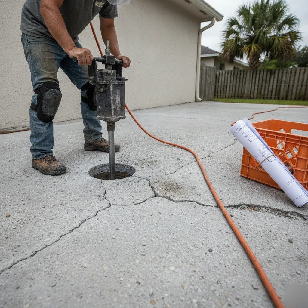 Hydraulic driver installing a slab pier beneath a concrete foundation in Azalea Park, FL