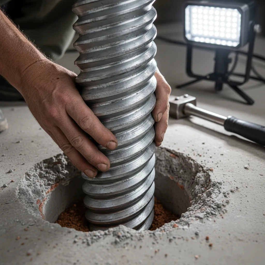 A steel pier section being inserted through a cored hole in a concrete slab in Azalea Park, FL