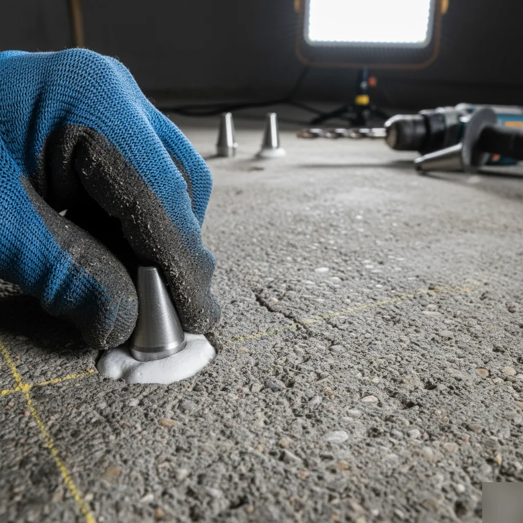 Close-up of a polyurethane foam injection port in a concrete slab in Azalea Park, FL