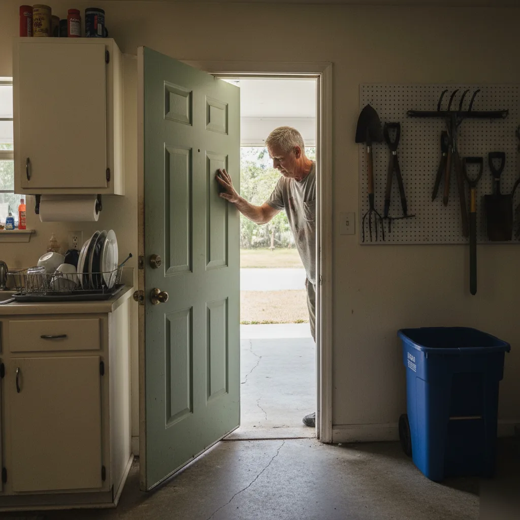 Slab settlement symptoms — a sticking door and cracked floor — inside an Azalea Park, FL home
