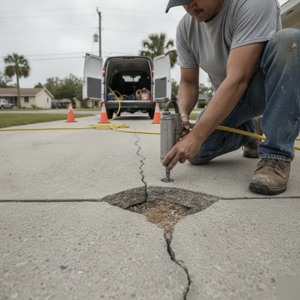 Contractor injecting stabilizing material beneath a concrete slab in Azalea Park, FL
