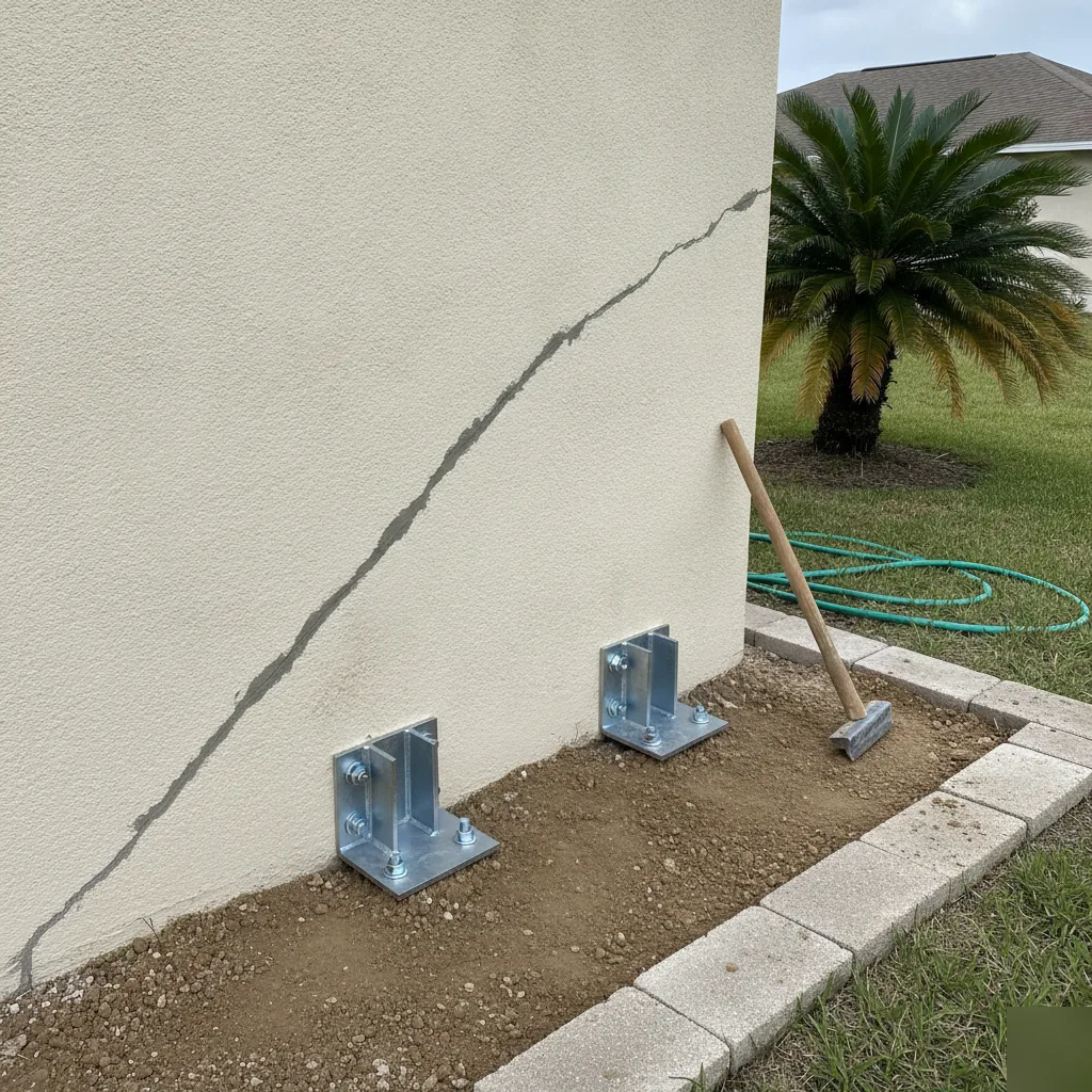 Completed steel push pier brackets secured to a foundation footing after repair in Azalea Park, FL