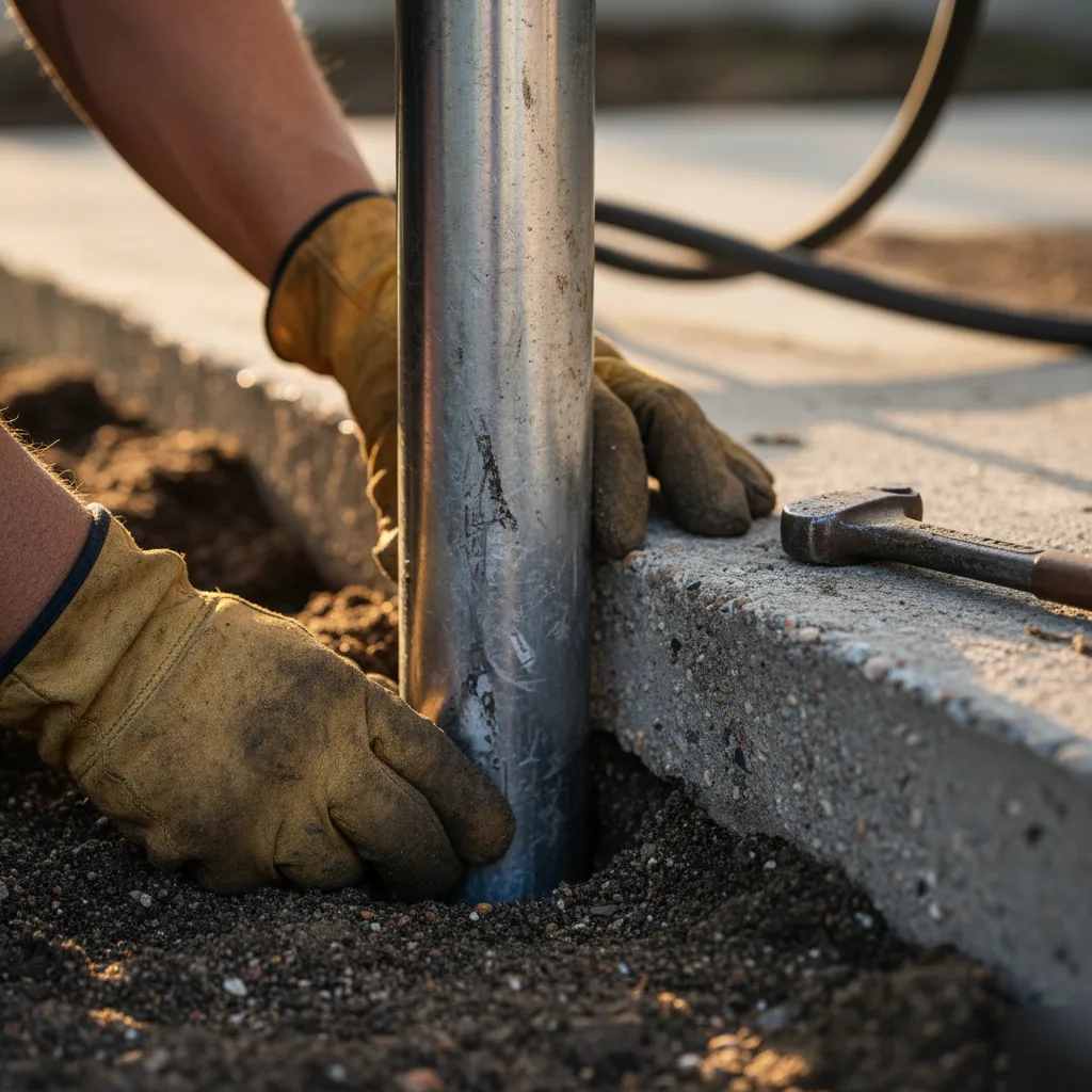 A steel push pier sleeve driven through sandy soil at a foundation footing in Azalea Park, FL