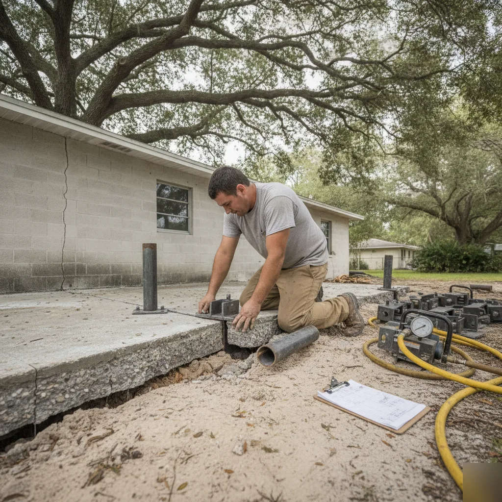 Steel push pier installation at a slab foundation in Azalea Park, FL