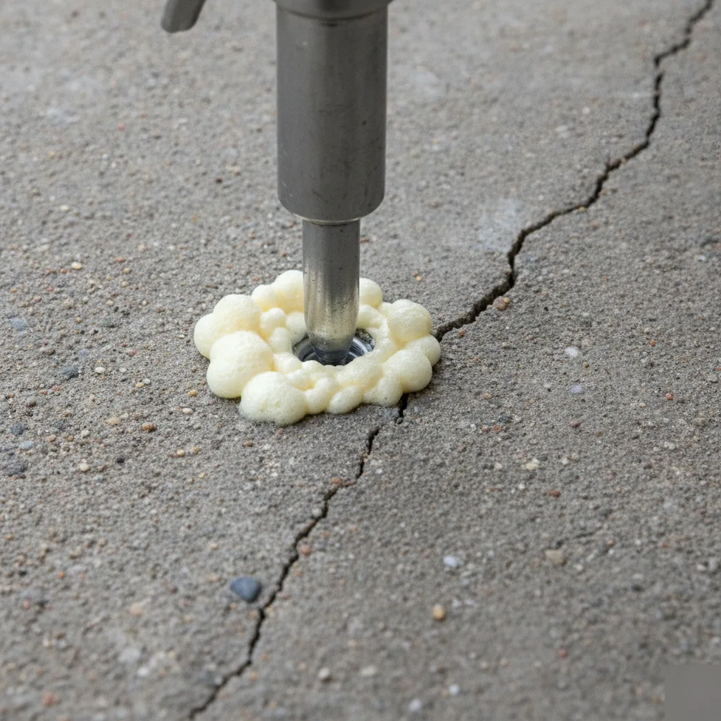 An injection port delivering expanding polyurethane foam to fill a void under concrete in Azalea Park, FL