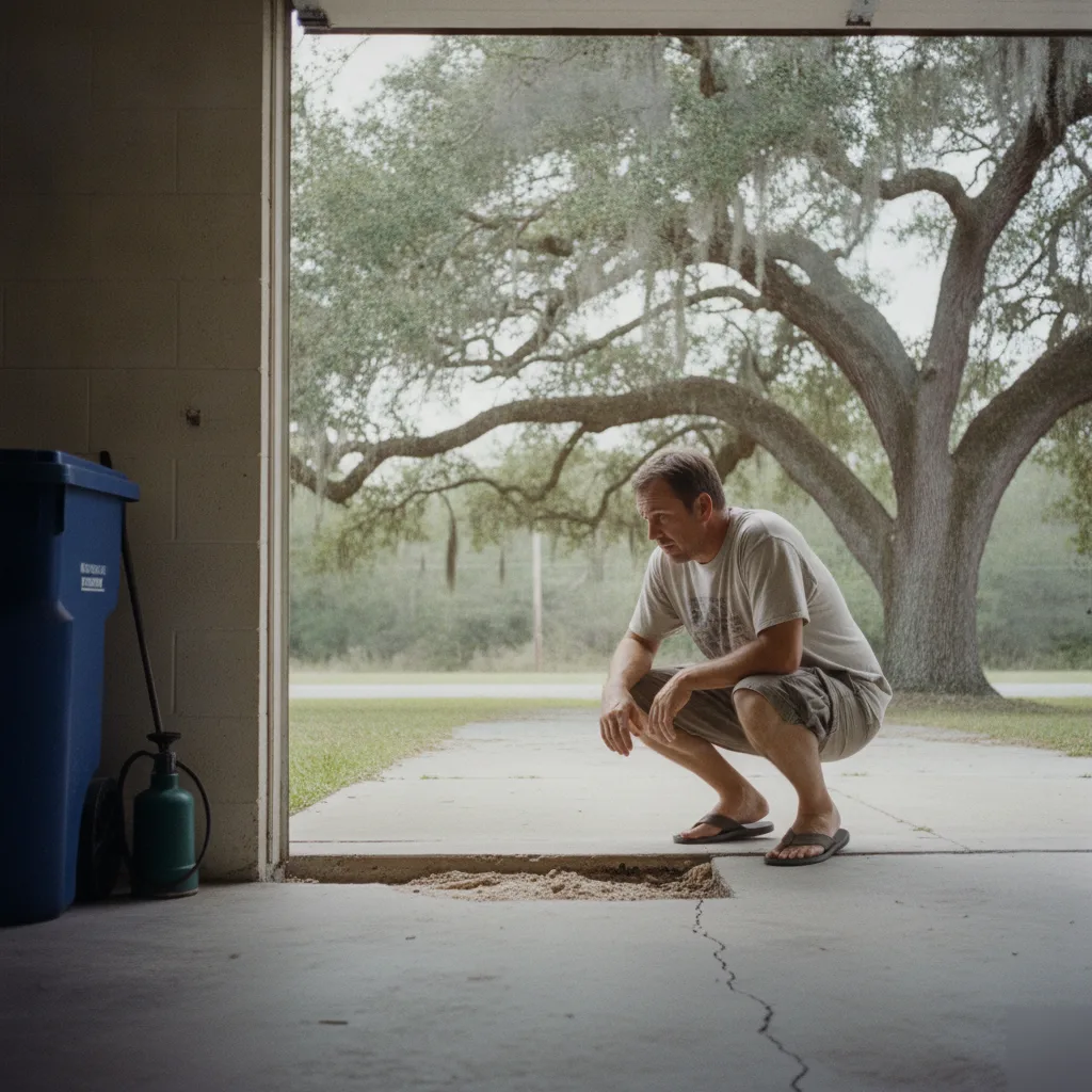 A homeowner inspecting a sunken concrete slab showing warning signs of a void underneath in Azalea Park, FL