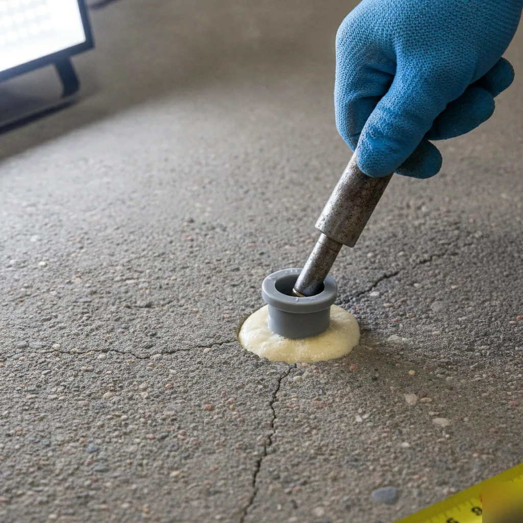 Close-up detail of a foam injection port in a warehouse concrete floor in Azalea Park, FL