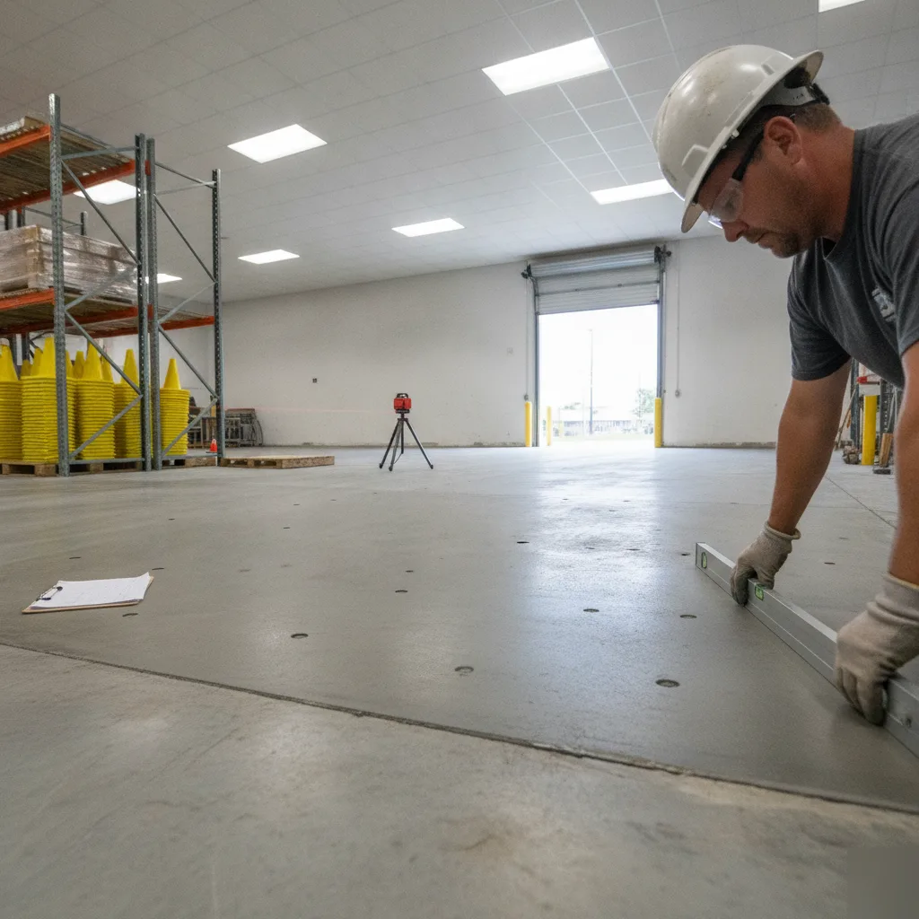 A straightedge confirming a level warehouse floor after completed leveling in Azalea Park, FL