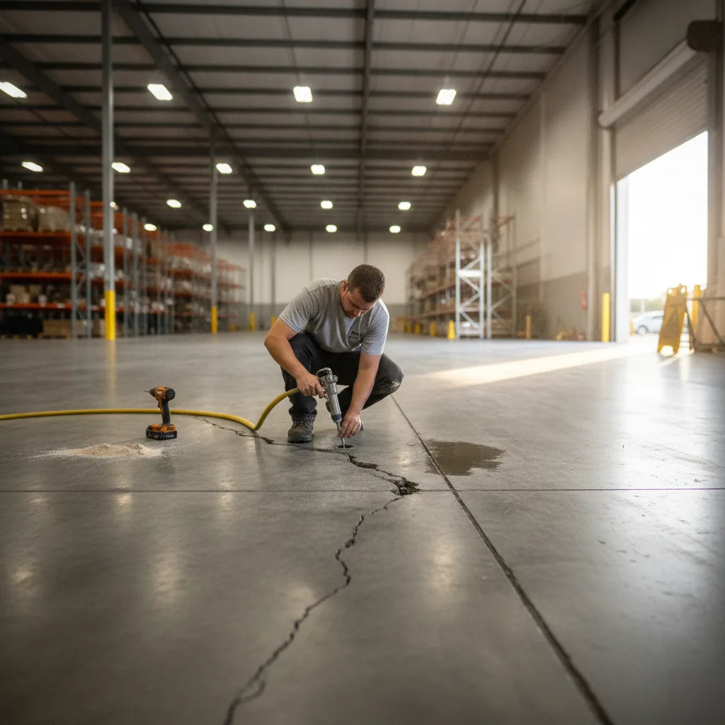 Foam injection leveling a cracked, settled warehouse floor slab in Azalea Park, FL