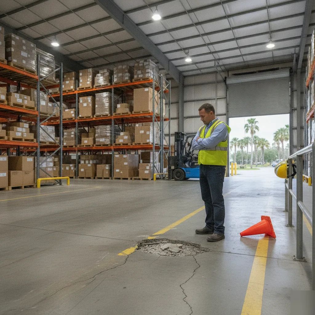 Inspecting a settled warehouse floor for safety concerns in Azalea Park, FL